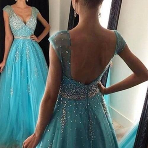 Blue Muslim Evening Dresses A-line Cap Sleeves Tulle Beaded Crystals Islamic Dubai Saudi Arabic Long Evening Gown Prom