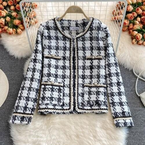 Tweed Woolen Overcoat Women Tops Vintage Houndstooth Tweed Coat Fashion Long Sleeve Frayed Trims Outerwear Chic Plaid Jacket