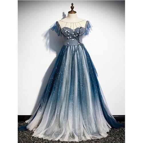 Robe De Soiree A-line Flowers Crystal Evening Dresses Long Dress Formal Dress Vestido De Festa Blue Evening Dress 2021Fashion