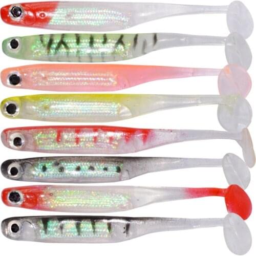 4Pcs/lot Fishing Soft Bait 10CM 7.5CM 4.6G 2.2G T Tail fish Fishing Lures Rainbow Color Sequin Swing Fishing Spinner Bait