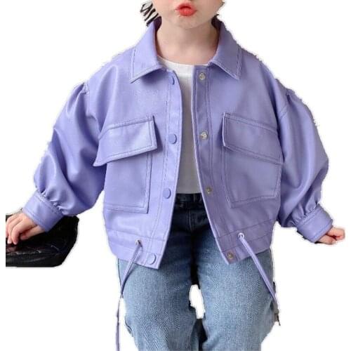 Spring Autumn Baby Girls Pu Jacket Faux Leather Jacket Children Outwear Kids Lantern Sleeve Pocket Waist