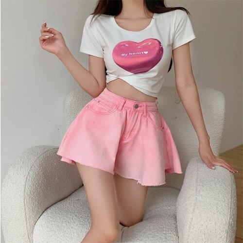 Korean Fashion Denim Wide-leg Shorts 2021 Summer Thin Y2k Loose Warm-up Skirt Shorts New Pink High Waist Pocket Jeans Streetwear