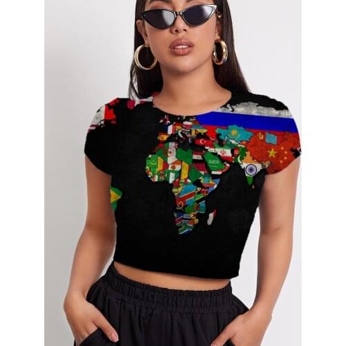3d Tshirt World Map T-shirt Women Colorful Navel Bare Harajuku Funny T shirts Graffiti Tshirts Casual Short Sleeve T shirts New