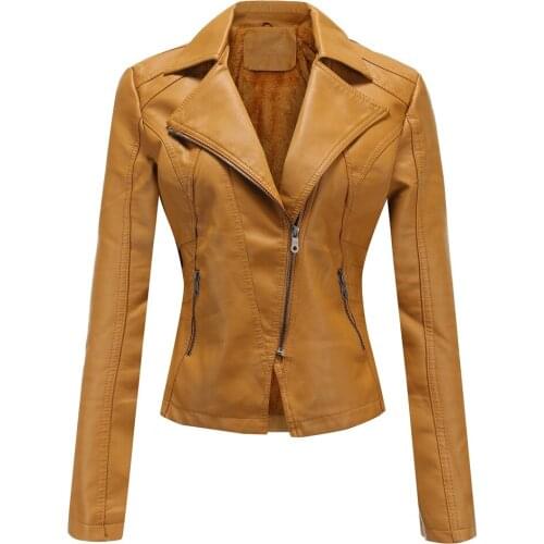 Fashion Ladies Plus Velvet PU Leather Jacket Autumn and Winter Women Oblique Zipper Short Style Slim Fit Faux Leather Coat Femme