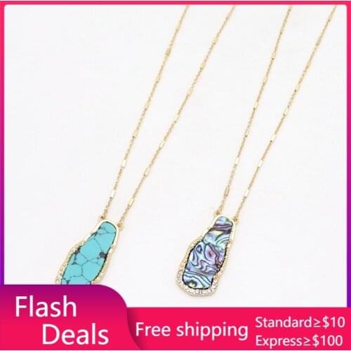 Fashion Green Marble Stone Abalone Shell Pendant Gold Color Long Chain Sweater Necklace Geometric Body Jewelry