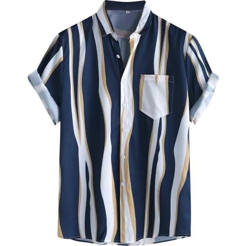 2021 Mens High Quality Shirt Stripe Print Short Sleeve Casual Button Pocket Turn-down Collar Shirt Camisa Hombre Dropshipping