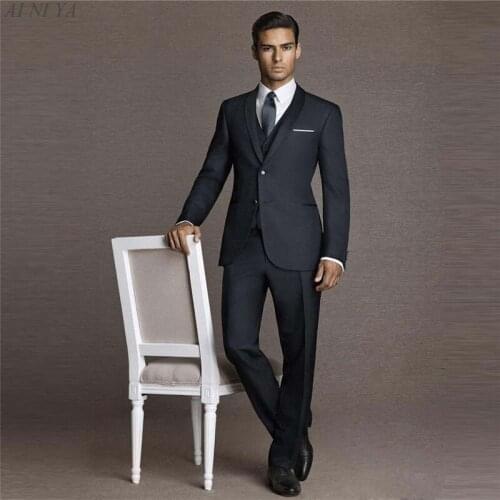 New Arrival Charcoal Men Groom Tuxedos 3 Piece Wedding Suits For Men Shawl Lapel Groomsmen Suits Slim Fit (Jacket+Pants+Vest)