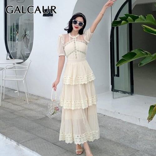 GALCAUR Sweet Dress For Women Stand Collar Puff Short Sleeve Patchwork Lace Loose Ruched Mid Elegant Dresses Female 2021 Clothes