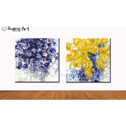Professional Artis Handmade Popular Yellow Oil Painting On Canvas Hang Modern Deep Purple Flower for Living Room Wall Painting