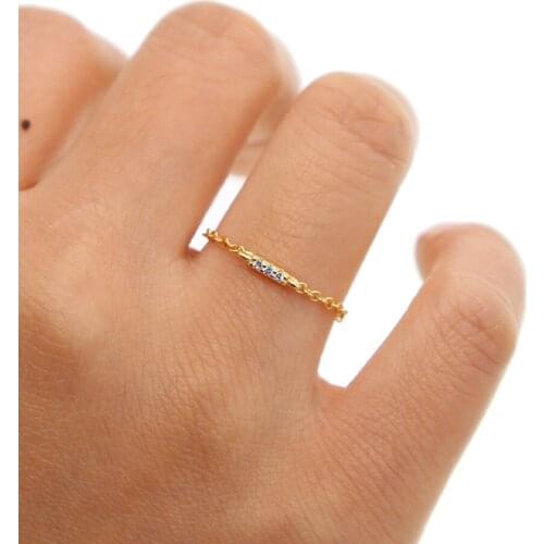 Silver gold simple design size 6 7 8 chain style three cubic zirconia cz bar women ladies simple chain ring