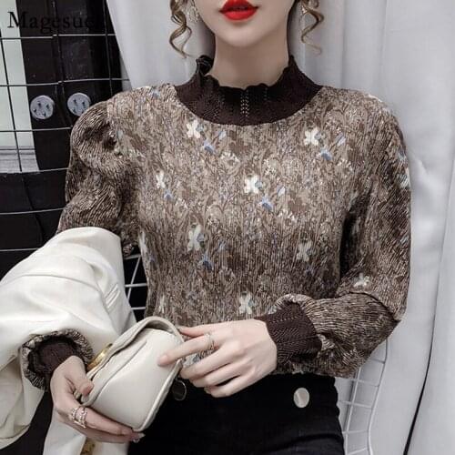 Autumn New Vintage Floral Puff Sleeve Top Mujer Stand Collar Pleated Elegant Blouses Women Casual Print Loose Shirts Women 12264