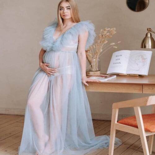Light Blue Maternity Dresses Ruffled Baby Shower Gown for Photoshoot Boudoir Lingerie Tulle Bathrobe Nightwear Babydoll Robe