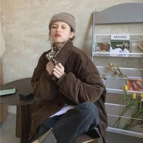 Vintage Thick Corduroy Jacket Women Korean New Loose Patchwork Leopard Collar Coats Female Autumn Winter 2021