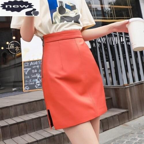 Casual Women High Waist 2021 New Hot Split Wrap A-Line Genuine Leather Skirts Female Fashion Biker Zipper Sexy Mini Skirt