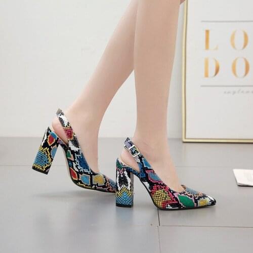 Snake Skin Printed Pattern Thin High Heel Sandals Woman Peep Toe Back Strap Buckle Design Colorful Snakeskin Shallow Summer Shoe