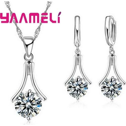 Trendy Romantic 925 Sterling Silver Cubic Zircon Necklace+Earrings Jewelry Sets Women Wedding Engagement Party Accessory