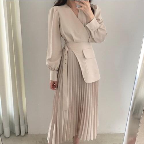 Comelsexy Chic Korean Casual Loose Streetwear 2021 Pleated Women Office Lady Vintage High Waist All Match Fashion Long Dresses
