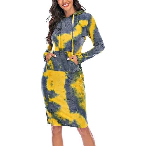 European Style Women 2021 Autumn Casual Patchwork Hooded Party Dress Vintage Long Sleeve Tie-dyed Pockets Hoodie Dress Vestidos