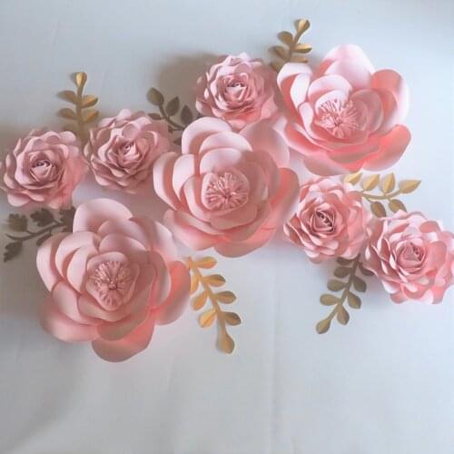 2018 Baby Pink Giant Paper Flowers 8PCS + Leaves 7PCS For Wedding & Event Backdrop Baby Nursery Artificial Handmade Flower