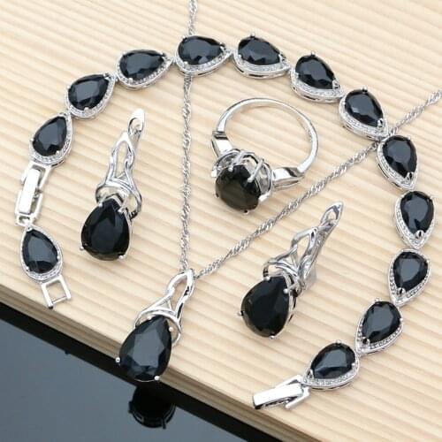 925 Sterling Silver Costume Jewelry Sets Drop Black Sapphire Earrings Wedding Jewelry for Her Bracelet Necklace Sets