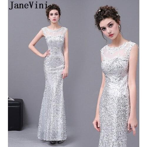 JaneVini Sparkly Silver Sequins Evening Party Dress Mermaid Appliques Beaded Brides Mother Dresses for Weddings Formal Long Gown