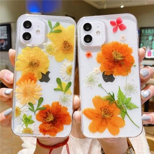 Real Dried Flower Phone Case For iPhone 12 11 Pro Max XR XS Max X XS 7 8 Plus SE 2020 12 Mini 11 Transparent Soft TPU Back Cover