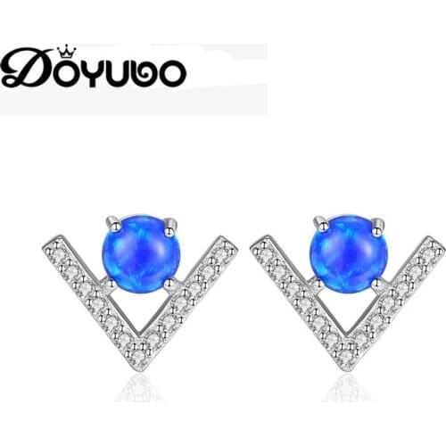 DOYUBO Women Fresh V Shape CZ Earrings With Colorful Round Opal 925 Sterling Silver Fashion Stud Earrings Fine Jewelry VC241