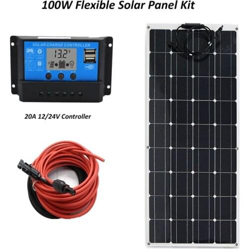 Flexible 12V 100w Solar Panel Diy Kit for battery 100W Monocrystalline silicon Panel+20A LCD solar controller+ cable RV/Marine