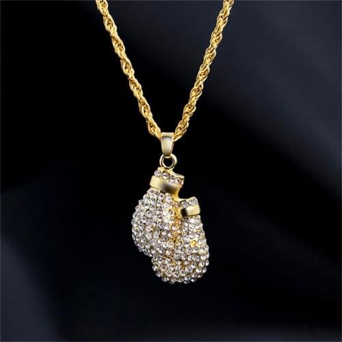 Fashion Boxing Gloves Pendant Necklace 24"Long Chain Gold Color Iced Cubic Zircon Alloy Necklace Pendant For Unisex Hip Hop Gift