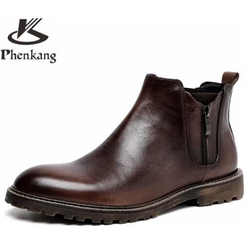 Men winter Boots Genuine cow leather chelsea boots brogue casual ankle flat shoes Comfortable quality lace up dress boots 2020