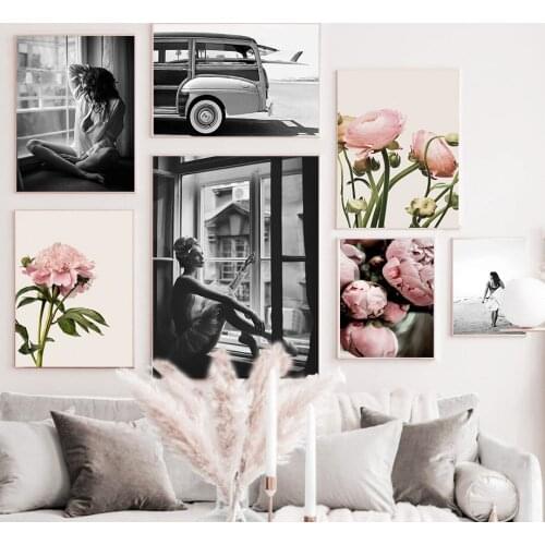 Peony Rose Flower Girl Surfboard Sea Car Wall Art Canvas Painting Nordic Posters And Prints Wall Pictures For Living Room Decor