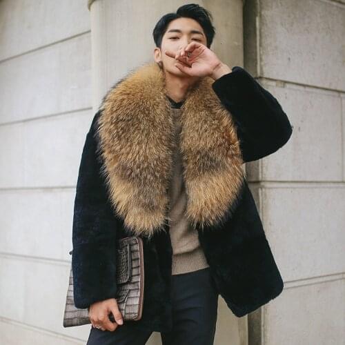 Natural Rex Rabbit Fur Coat Men Winter Jacket Big Raccoon Fur Collar Mens Real Fur Coat Genuine Leather Jackets Lw-16122 KJ3332