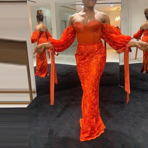 Orange Aso Ebi Evening Gowns Mermaid Appliques Off The Shoulder 2020 Plus Size Formal Prom African Party Dresses gala jurken