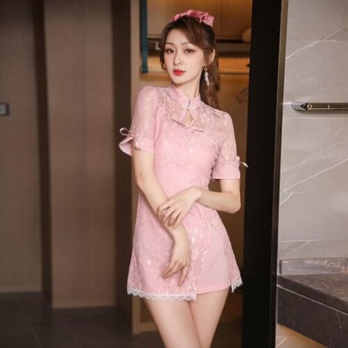 Short Sleeve Sweet Girl Cheongsam Plus Size Vestidso Mini Sexy Women Qipao Dress Chinese Style Lace Bride Wedding Party Gown