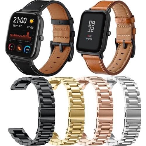 Watch Strap For Xiaomi Huami Amazfit Bip S U Lite GTS 2 Pop GTR 47mm Stratos 3 Bracelet Stainless Steel Watchband Leather Band