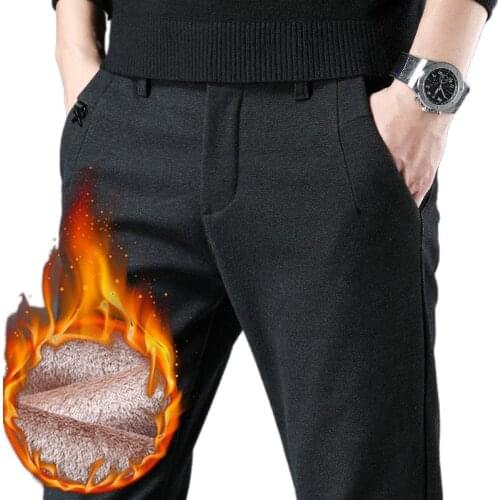 Warm Winter Pants Men Fleece Thicken Korea Style Slim Fit Black Gray Plaid Pants Clothes Trousers For Male 2021