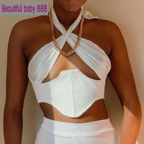 Meqeiss Backless Irregular Crossover Tie Up Zipper Crop Tops Y2k Women 2021 Chic Cut Hole Stitching Halter Camisole Streetwear