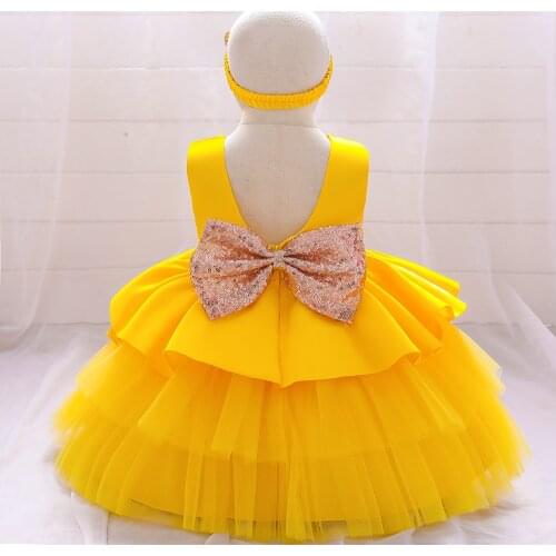 Yellow Sequin Bow Infant Girls Birthday Dresses For Girl Baby Christening Gown Kids Christmas Party Dress Toddler Clothes