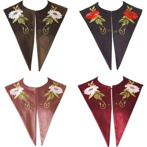 Women Chiffon Detachable Half Shirt Blouse Velvet Floral Embroidery Lapel False Collar Shawl Decorative Dickey