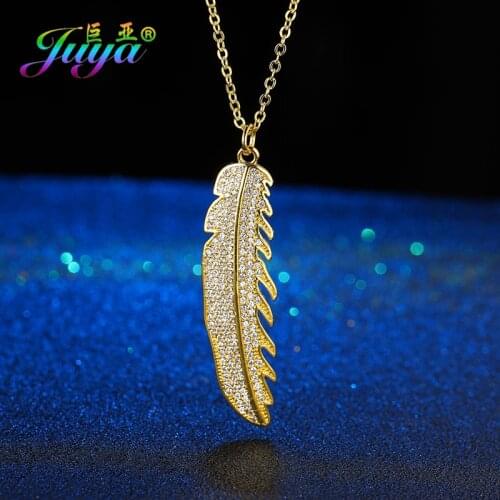 Juya Handmade Fashion Jewerly Supplies Micro Pave Zircon Feather Key Pendant Necklace For Women Wedding Evening Party Jewelry