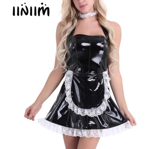 Womens Adult Maid Wetlook Sexy Costumes Patent Leather Maid Dress Cosplay Clubwear Maidservant Latex Halloween Dress with Apron