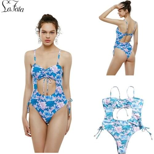 Womens Blue Floral Cutout One Piece Swimsuit