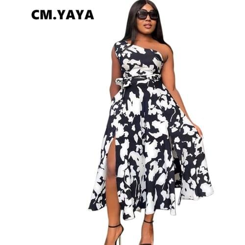 CM.YAYA Women Long Dress Print One Shoulder Sleeveless Skew Collar Splited Maxi Dresses Vintage Vestidos Summer Outfits 2021