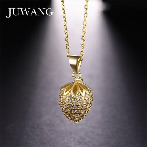 JUWANG Strawberry Necklace Cubic Zirconia Gold Color Pendant Necklace Statement Jewelery For Women Girls bizuteria damska