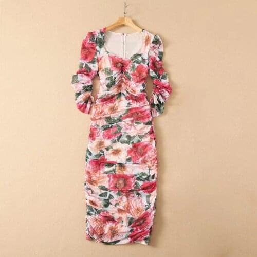 Print 2021 Rose Pleated Bag Hip Square Collar Dress Sicily Luxury High Quality Mesh Vintage Full Fashion