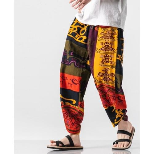 5XL Plus Size Cotton Linen Harem Pants for Men Jogger Casual Pants Male Pattem Print Retro Trousers Chinese Style Men Clothing