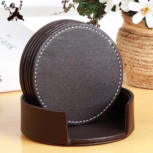 6pieces PU Leather Table Cup Mat Kitchen Mat Pad For Bar Cocktail with Holder Protect Your Furniture from Stains Bar Tool