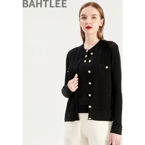 BAHTLEE Women Summer Tencel Cardigan Hollow Out Knitted Singel Breasted Long Sleeveles Gold Button O-Neck Sweaters Geometric