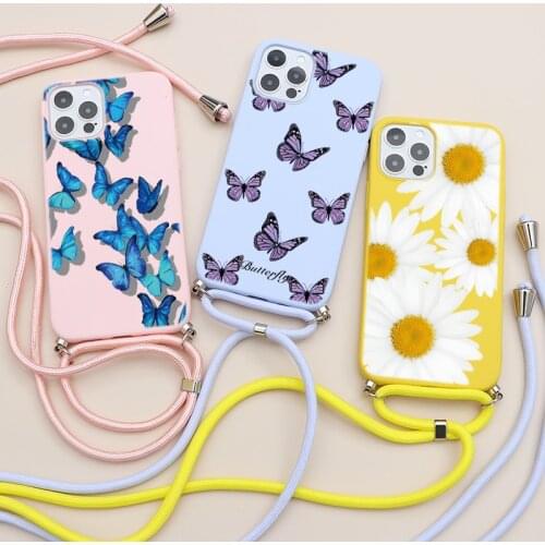 Butterfly Flower Case For Huawei Y7a P20 P30 P40 Mate 20 P Smart 2021 Honor 8X 10 Lite 20 Pro 10i Crossbody Lanyard Strap Cover