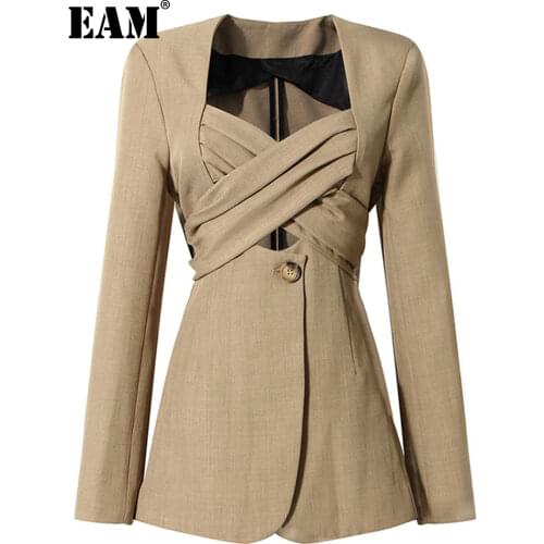 [EAM] Women Khaki Bow Cross Bandage Blazer New V-neck Long Sleeve Loose Fit Jacket Fashion Tide Spring Autumn 2021 1DD3607